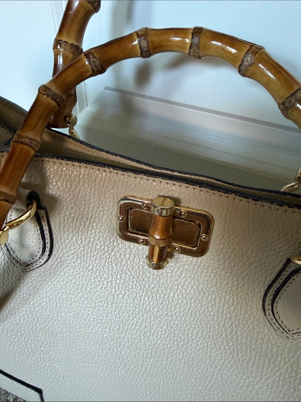 Cream Leather Tote with Bamboo Top Handles - Picture 2 of 8